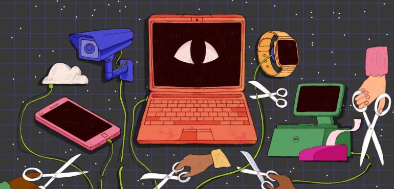 Images of many surveillance devices like video cameras, computers, and cell phones whose connections are being physically cut by hands of all colours and sizes with scissors, suggesting the cutting off of watching by electronic means and cutting off stalkers' access to the people they aim to harass.