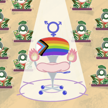 A chair with different LGBTQIA+ in the middle of a spotlight and in the middle of the illustration surrounded by users typing on a keyboard