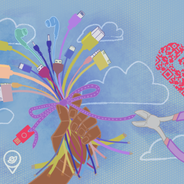 A hand holding a bouquet of colourful wires with a purple bow on a blue background with white cloud outlines as well as a purple clothespin and a heart with a QR code.