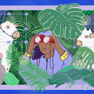 A person wearing a hoodie hidden among green leaves looks into the distance with binoculars while the vacation in the background is surrounded by a purple frame.