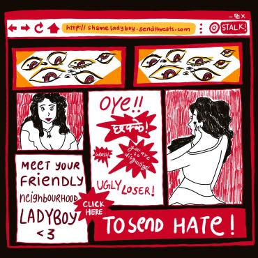 Drawing of a screenshot of a website with different texts such as "stalk", "meet your friendly neighbourhood ladyboy" and "click here to send hate" as well as drawings of eyes and a person