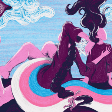 An illustration showing several figures with pink and purple tones. Some figures are sitting or walking away, with one having long flowing hair and another wearing a backpack. We see their backs. One figure has a long braid intertwined with the transgender flag (blue, pink, and white) that flows across the bottom of the image. The background features abstract swirling clouds in a light blue sky, evoking a sense of movement and emotion, symbolizing themes of departure, grief, and solidarity.