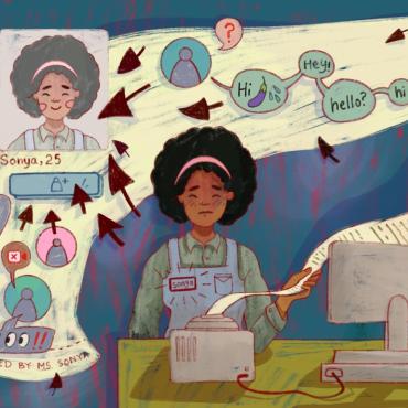 A woman at her desk with a printer with messages and emojis coming in.