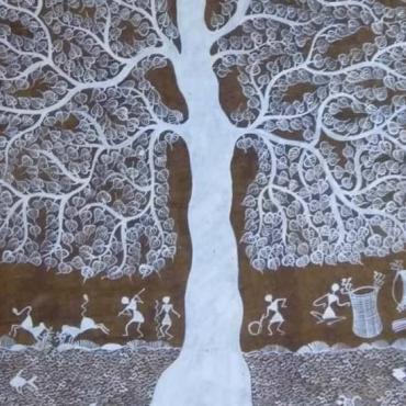 Image description: Warli art depicting tree and village