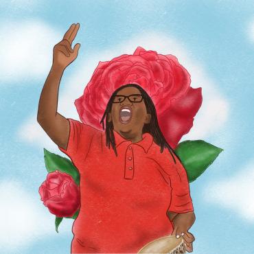 Stella Nyanzi rising her hand, with roses at her back.