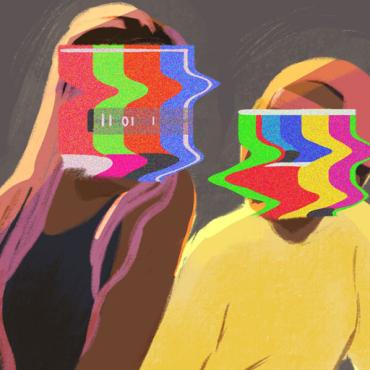 Image description: Illustration of two people sitting with faces blurred