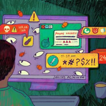  Woman at desk looking at computer screen with messages, emojis, and bugs popping out of it. Messages such as phone hacked, insults and HA HA HA.