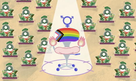 A chair with different LGBTQIA+ in the middle of a spotlight and in the middle of the illustration surrounded by users typing on a keyboard