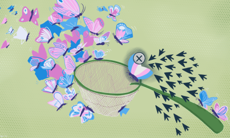 A green butterfly net in the center with white, blue, and pink butterflies on the left and click arrows on the right with a butterfly with the colors of the trans flag in the center and an x to close.
