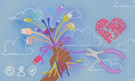 A hand holding a bouquet of colourful wires with a purple bow on a blue background with white cloud outlines as well as a purple clothespin and a heart with a QR code.