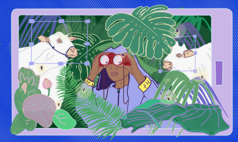 A person wearing a hoodie hidden among green leaves looks into the distance with binoculars while the vacation in the background is surrounded by a purple frame.