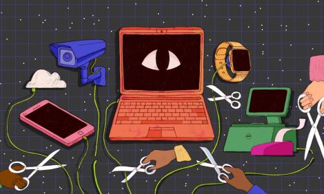 Images of many surveillance devices like video cameras, computers, and cell phones whose connections are being physically cut by hands of all colours and sizes with scissors, suggesting the cutting off of watching by electronic means and cutting off stalkers' access to the people they aim to harass.