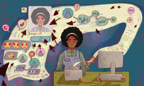 A woman at her desk with a printer with messages and emojis coming in.