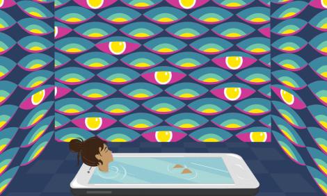 a woman immersed in her mobile phone as in a bath, is being watched by unperceived eyes