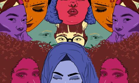 Illustration with colored faces of women from different origins