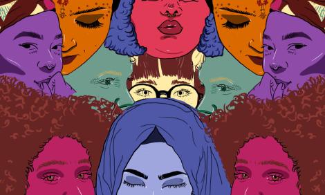 Illustration with colored faces of women from different origins