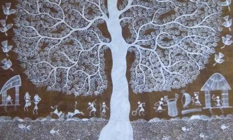 Image description: Warli art depicting tree and village