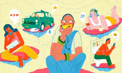 Image description: Drawings of people using their devices