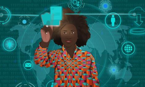 Image description: Woman touching screen