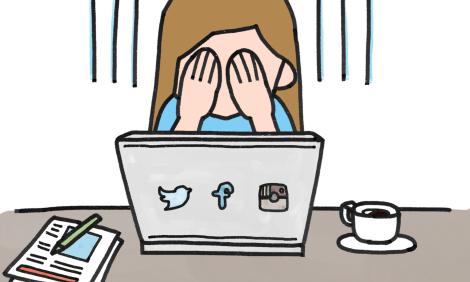 Image description: Comic of woman covering her eyes in front of computer