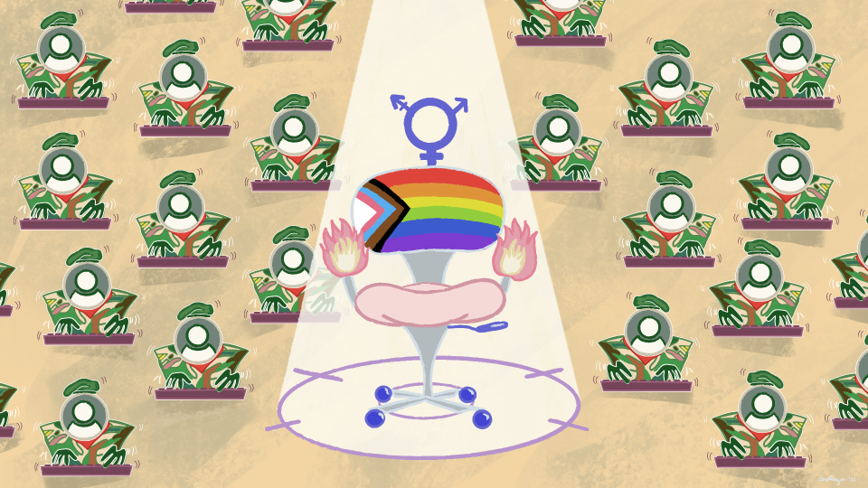 Una silla con diferentes LGBTQI+ en medio de un foco y en medio de la ilustración rodeada de usuarios escribiendo en un teclado