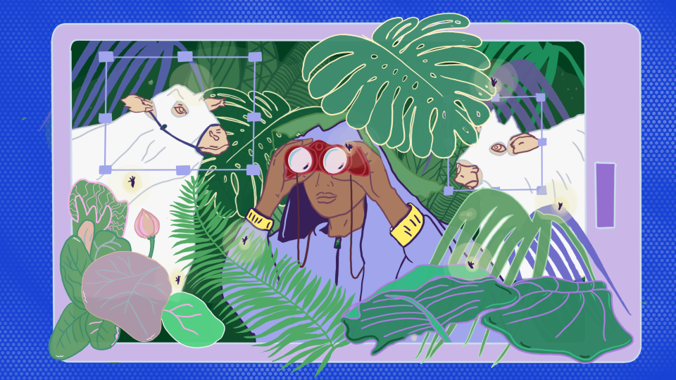 Una persona con una sudadera con gorro escondida entre hojas verdes mira a lo lejos con binoculares mientras vacas en el fondo están rodeadas por un recuadro morado. 