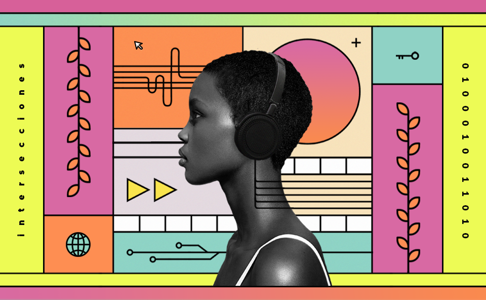 mujer negra con audífonos sobre fondo abstracto