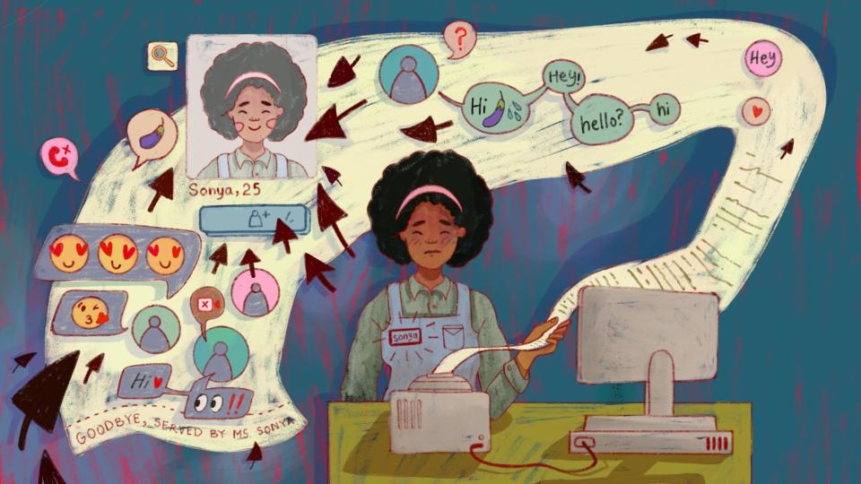 A woman at her desk with a printer with messages and emojis coming in.