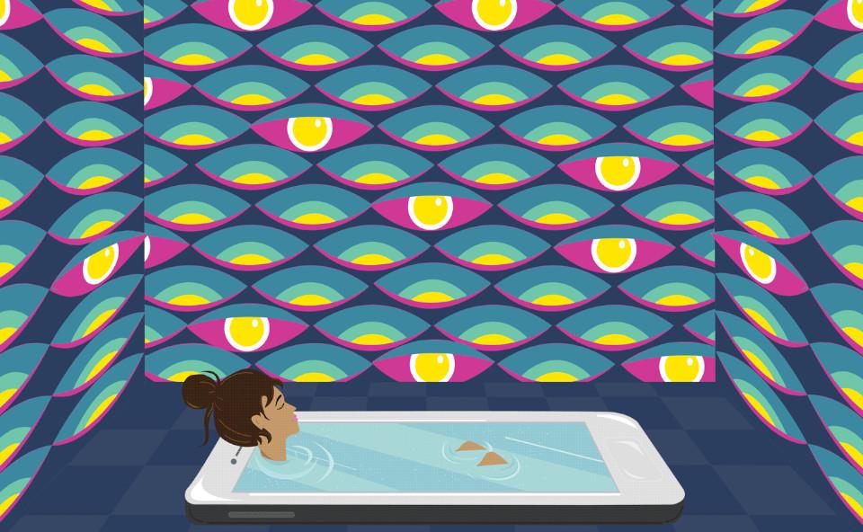 a woman immersed in her mobile phone as in a bath, is being watched by unperceived eyes