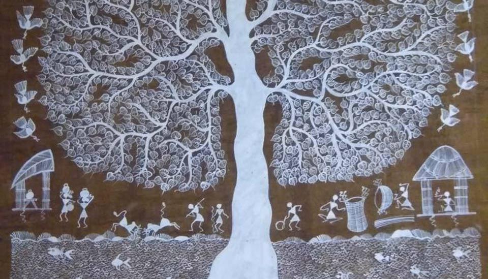 Image description: Warli art depicting tree and village