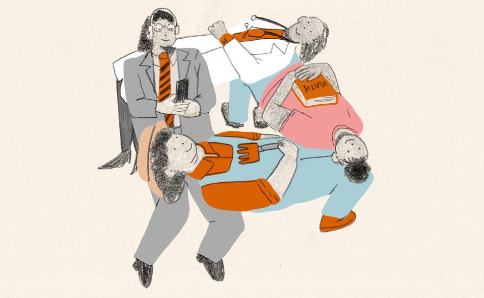 4 people hold each other forming a table with their bodies