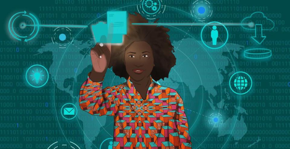 Image description: Woman touching screen