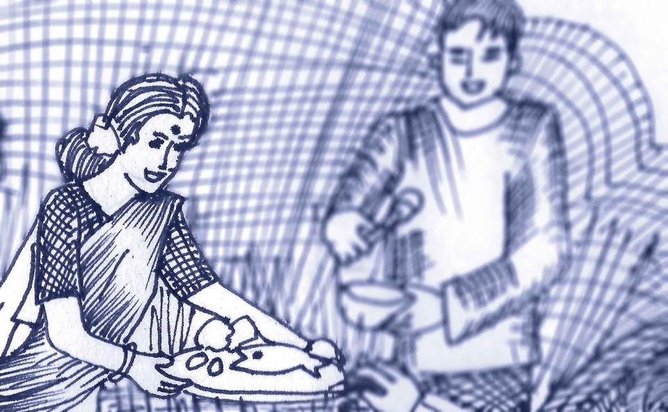 Image illustration: drawing of a woman in a sari serving a dish with fish on it 