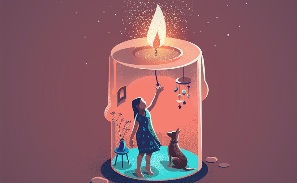 ilustración de una mujer confinada en una vela encendida