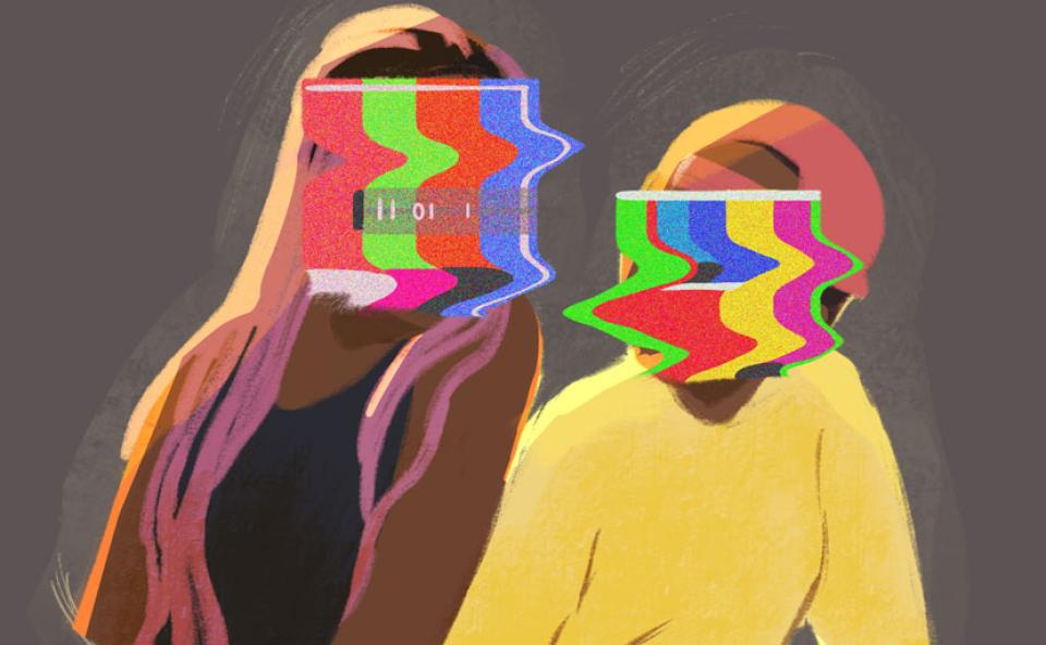 Image description: Illustration of two people sitting with faces blurred