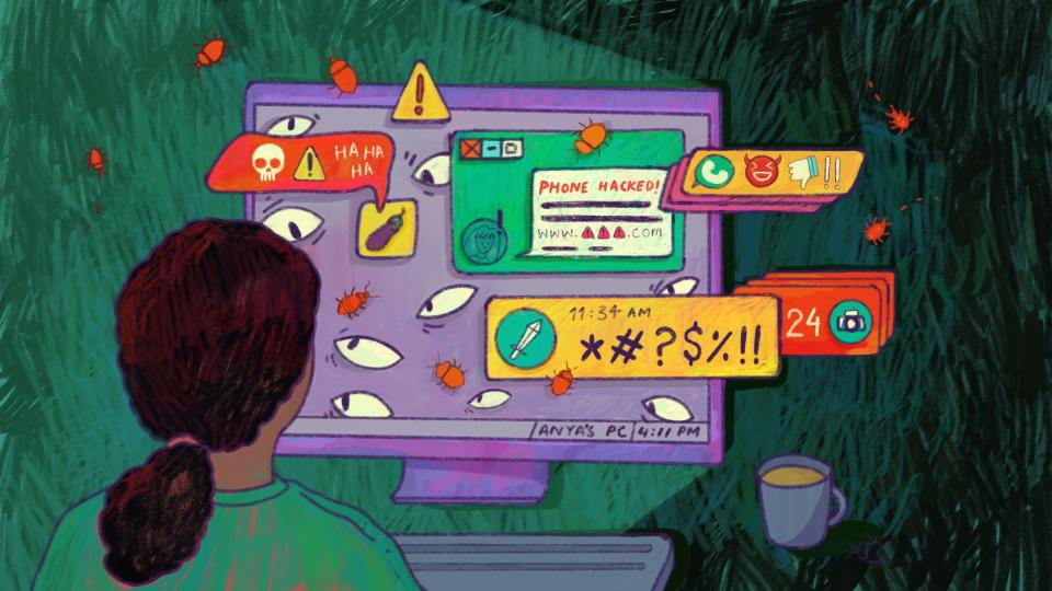 Mujer en su escritorio mirando la pantalla de la computadora con mensajes, emojis y bichos saliendo de ella. Mensajes como "teléfono hackeado", insultos y "¡Ja, ja, ja!".